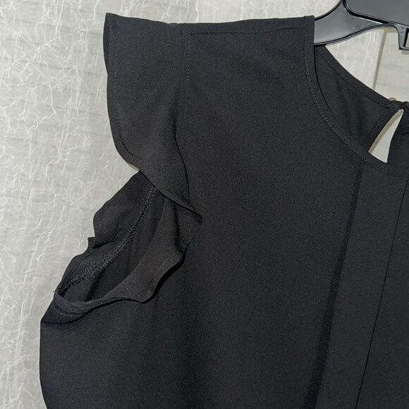 Anne Klein L Black Pleated Front Round Neck Back Button Ruffle Sleeve Top - Picture 5 of 9